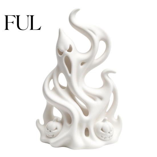 Creative Window Ornament Halloween Flame Ghost Figurine, 3D Printed Spooky Sculpture Fantasy Desktop Accessory with Pumpkins, Abstract Statue