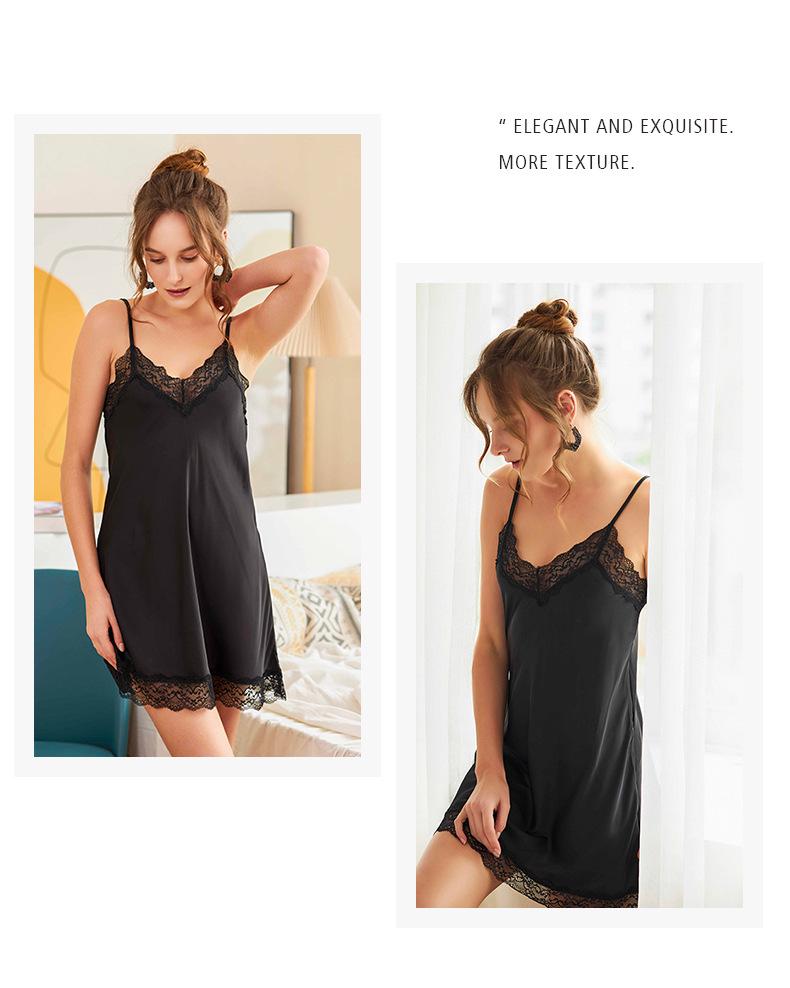 Cross-border Ice Silk Sheer Lace Deep V-Neck Women's Sexy Slip Dress Nightgown