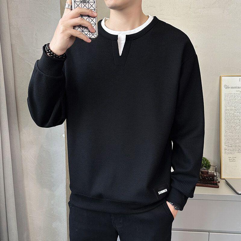 Men's Casual Fake Two-Piece Hoodie with Vertical Stripes - Autumn/Winter Loose Fit