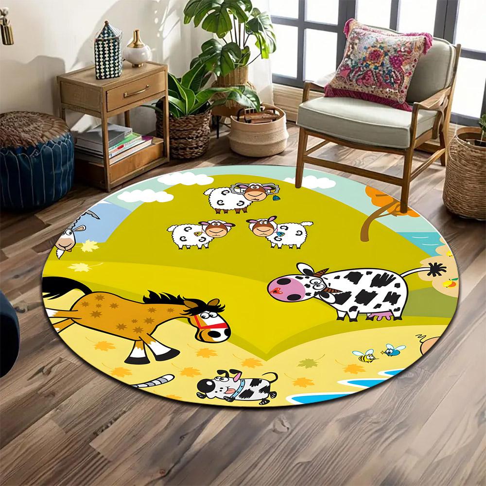 Farm Animals in Cartoon Landscape Print round rug, living room, bedroom, playroom carpet, non slip floor mat, gift