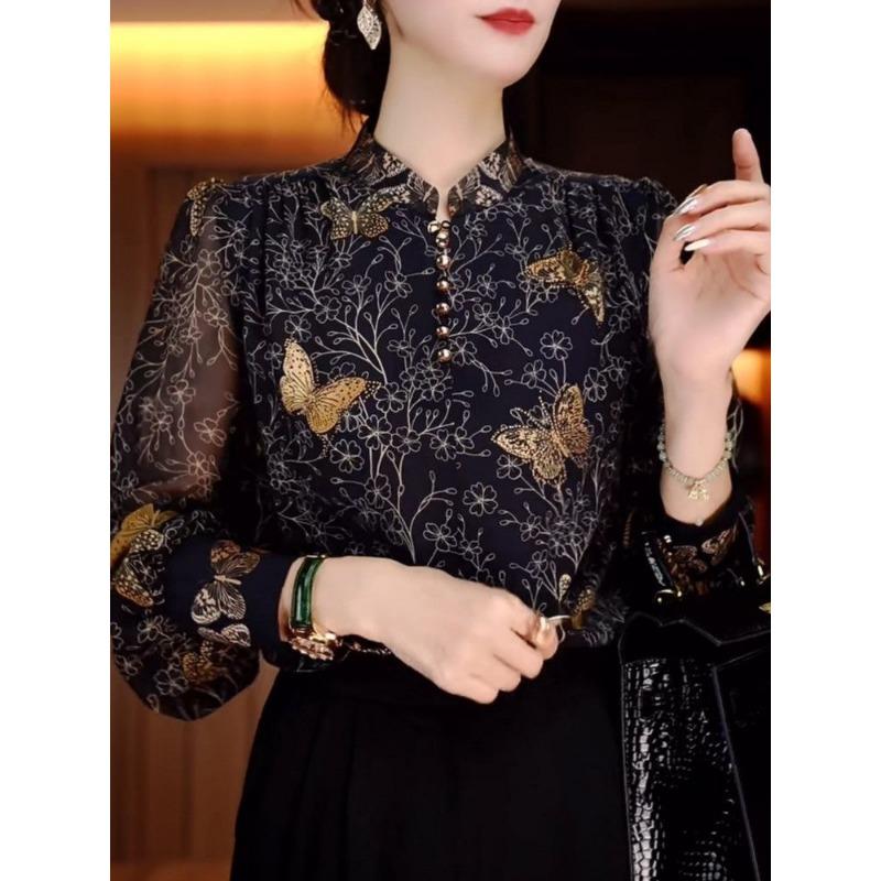 Fashionable Butterfly Print Stand-collar Shirt for Women in Autumn New Loose Women's Long-sleeved Pullover Bottoming Shirt