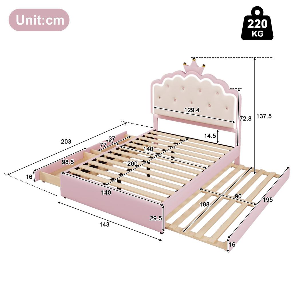 Barnsäng Flieks, Vadderad säng 140x200 cm för flickor Kron-dubbelsäng med LED-remsor, Hydrauliskt förvaringsutrymme, Utskjutbar säng och 2 lådor, Rosa