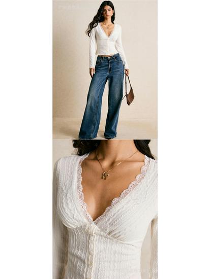 European & American Slim V-Neck Lace Long-Sleeve T-Shirt for Women - Autumn/Winter Temperament Base Top