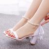 7 Cm Thick Heel Shallow Mouth One-length Strip Square Heel Sandals Silk Satin Cloth Beaded Bride Wedding Banquet Long Skirt Sandals Women