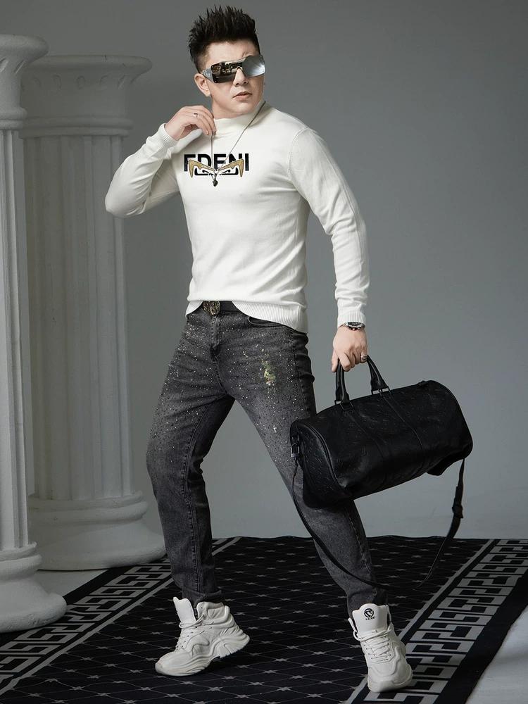 European Style Trendy Rhinestone Sweater for Men, 2025 Autumn New Half-Turtleneck Knitwear, Men's Warm Wool Sweater
