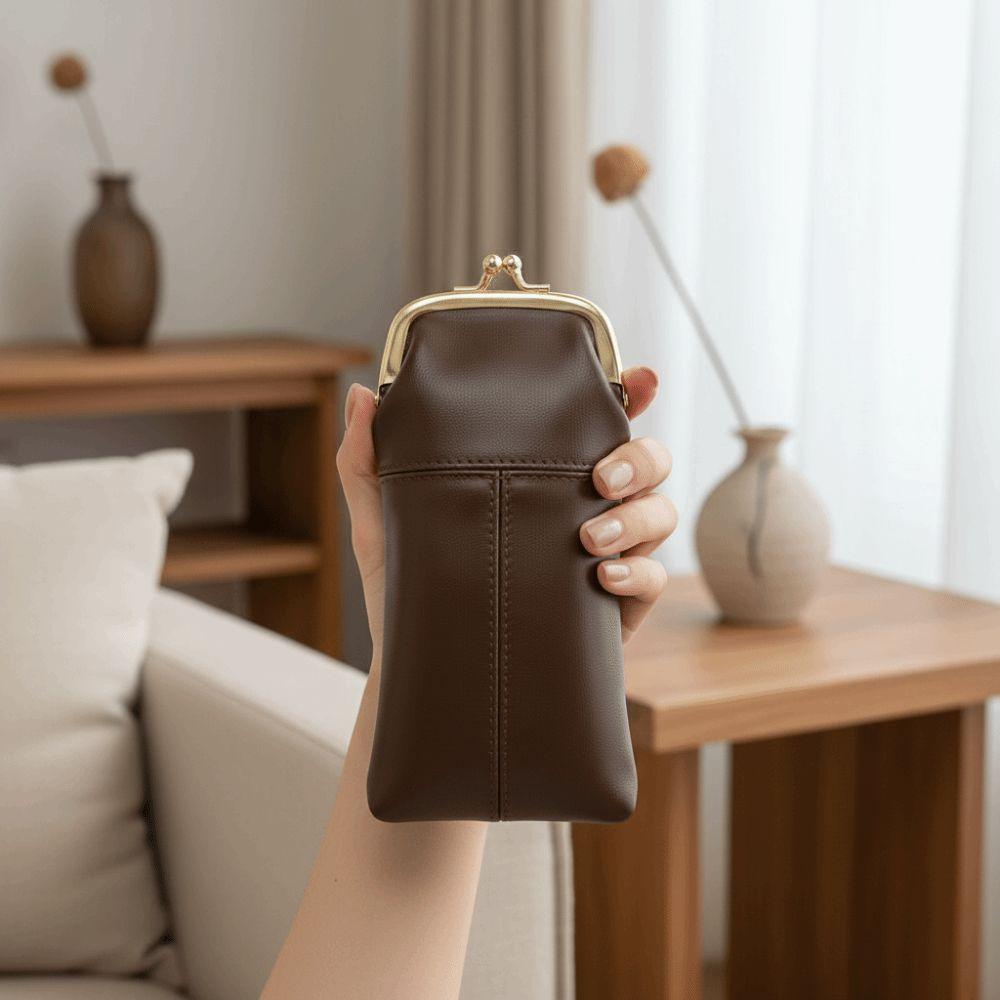 Multi-Functional Leather Kiss Lock Purse Secure Closure Vintage Sunglasses Pouch Daily