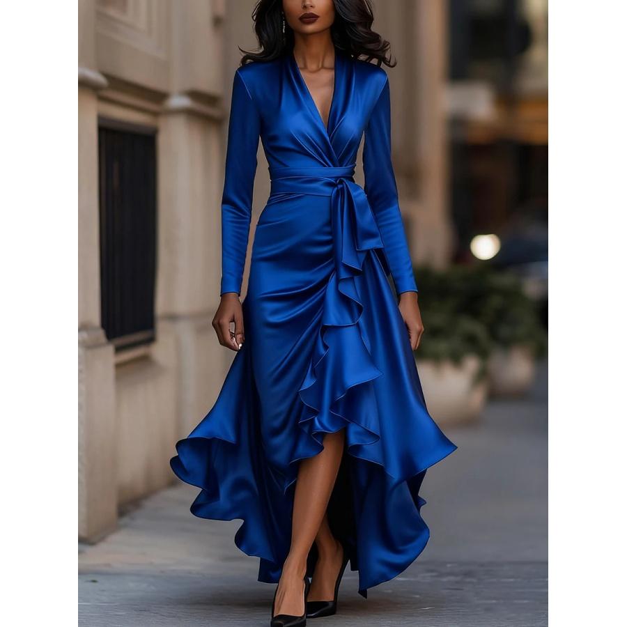 2026 Frühling Herbst Satin V-Ausschnitt Taillenband Rüschen Langarm Kleid - 6 Farben Büro Pendeln Dame Elegantes Kleid