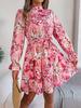 Elegantes A-Linien-Rüschenkleid mit floralem Muster, Stehkragen und tailliertem Bund für Herbst/Winter