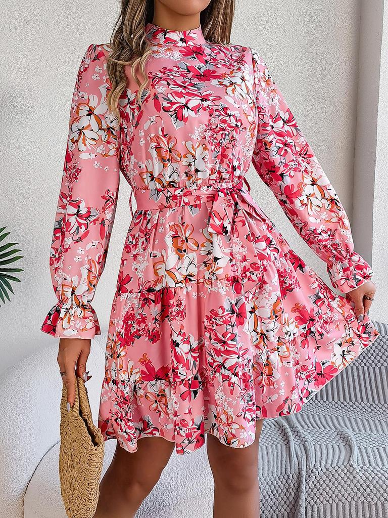 Elegantes A-Linien-Rüschenkleid mit floralem Muster, Stehkragen und tailliertem Bund für Herbst/Winter