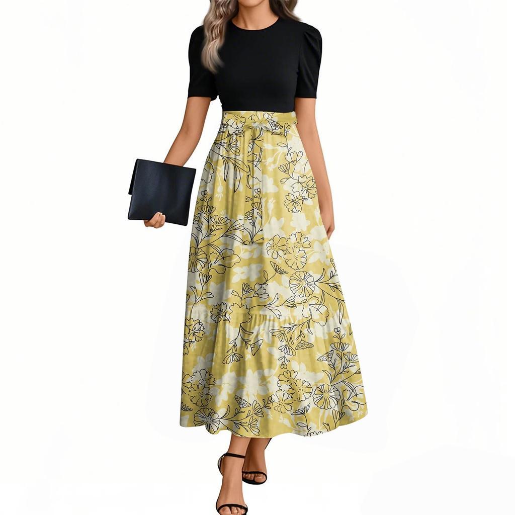 Women's Fashion Casual Belted Round Neck Short Sleeve Floral Patchwork Elegant Dresses
