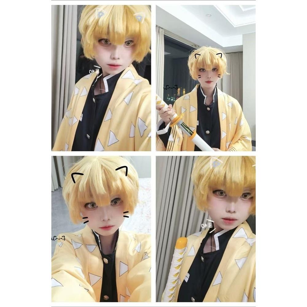 Agatsuma Zenitsu Cosplay Costume Wig Haori Embroidery Top Elastic Pants Belt Rose Net Cos Halloween Christmas Gift