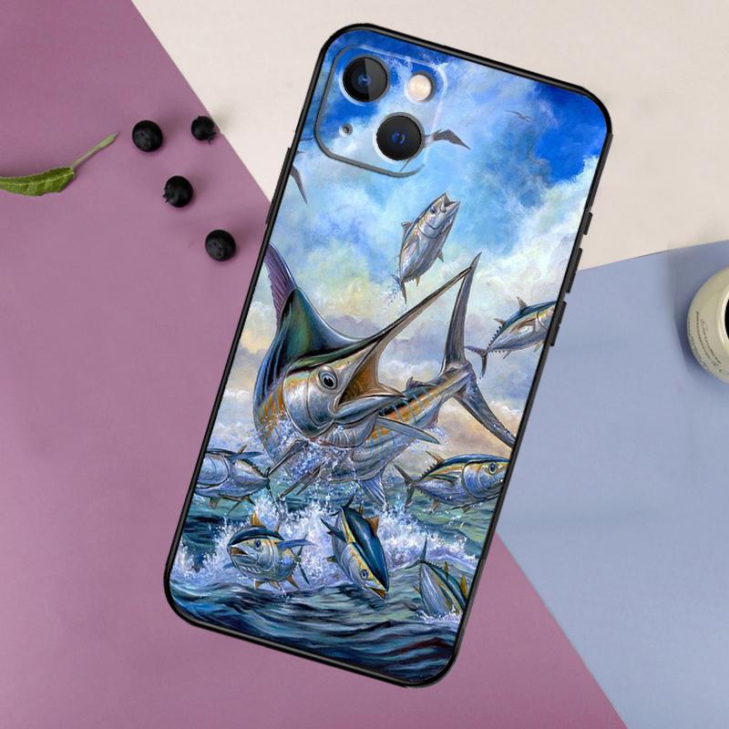 Blue Marlin Painting Case For iPhone 16 15 14 13 12 11 Pro Max Plus X XS Max XR 7 8 Cover Accessories