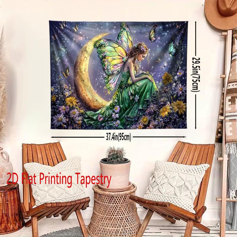 Bohemian Fairy Tale Moon Tapestry Wall Hanging Decor Boho Stars Floral Butterflies Magic Nursery Room Decoration Art Print Gift