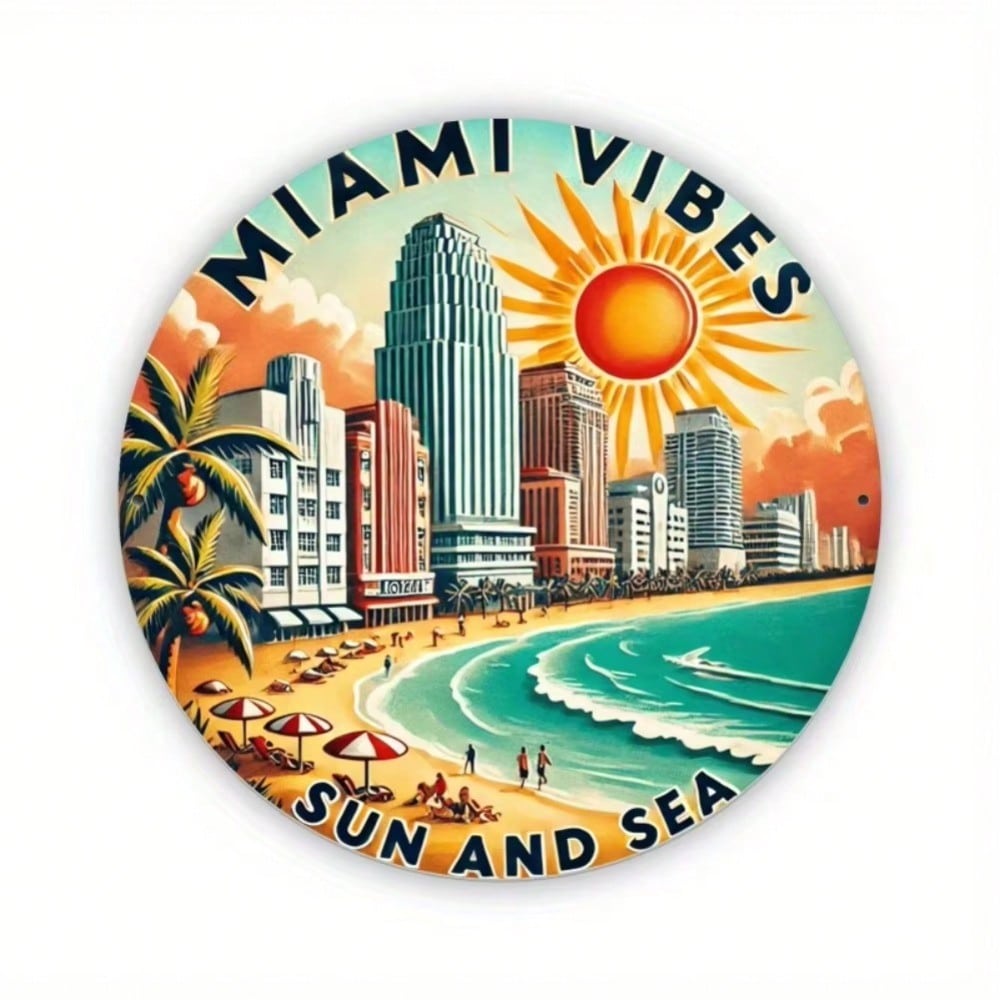 Miami Style Beach Wall Art Palm Trees Sunset Ocean Waves Metal Tin Sign for Hotel Bar Decor 20x20