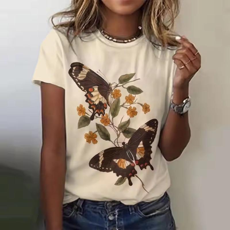 Women's T-Shirt Butterfly Graphic Print Summer Short Sleeve Casual Tops Street Fashion O Neck T-Shirt Oversized Female Clothing