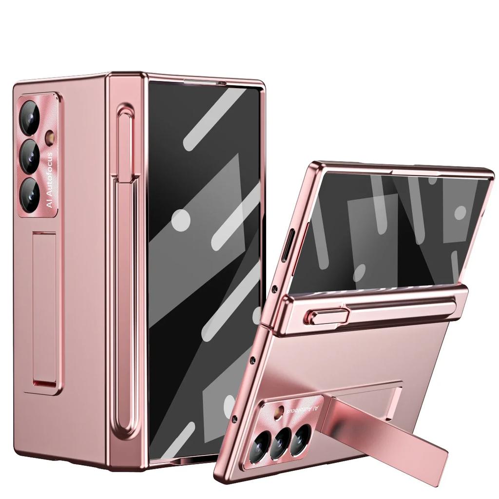 Luxury Phone Case with Pen for Samsung Galaxy Z Fold 4 5 6 7 Electroplated Glass Film Hinge Protection Cover