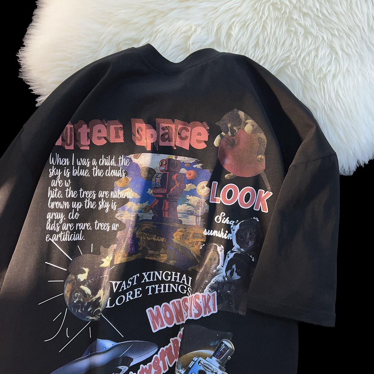 Хлопковая футболка с короткими рукавами с американским уличным принтом для мужчин и женщин Summer Tide Бренд Ретро High Street Пара Мужские футболки с короткими рукавами Tide XXL чёрный 2290₽