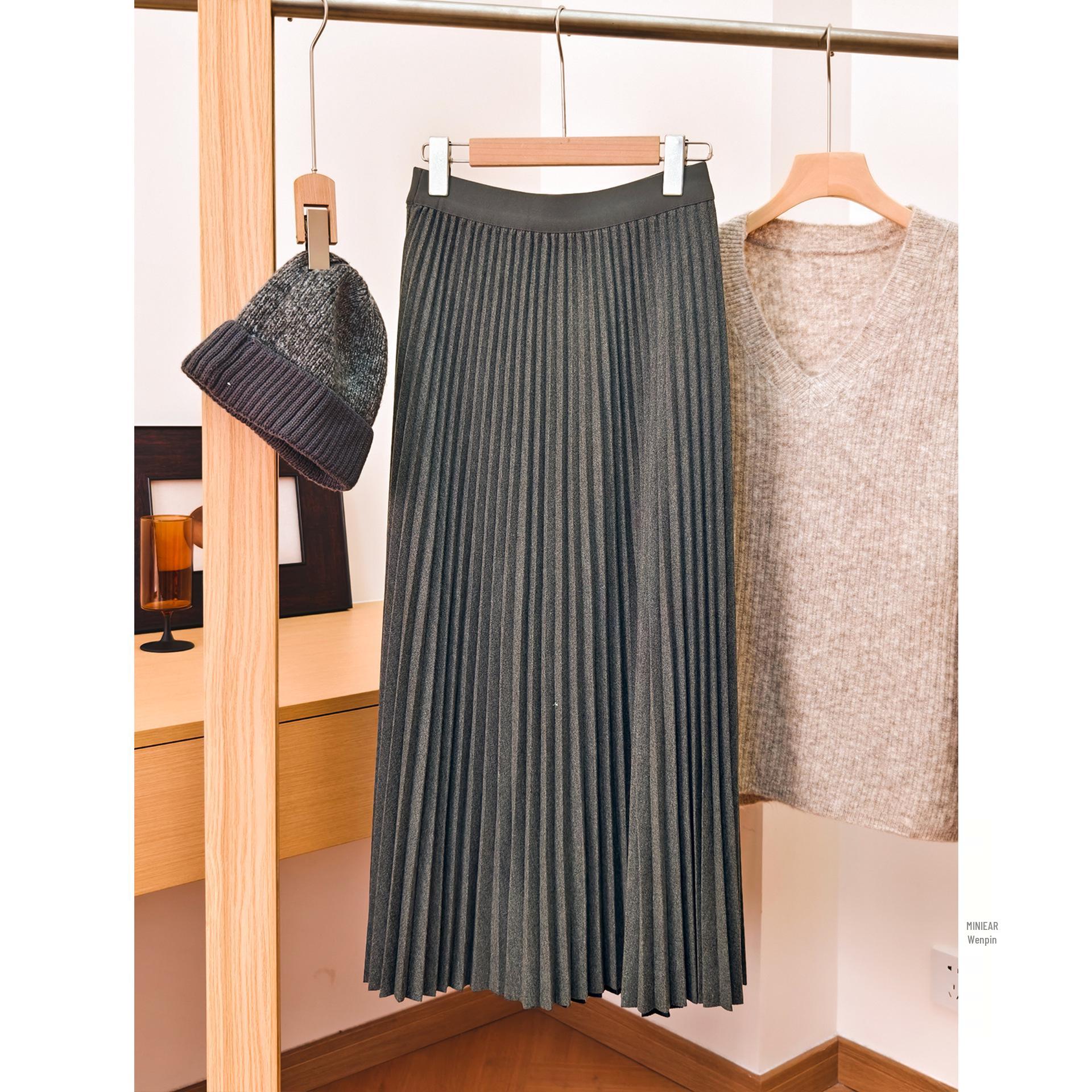

No-Iron Draping High-Weight Wool-Cotton Blend Pleated Skirt One Size (recommended for under 70 kg) сірий колір