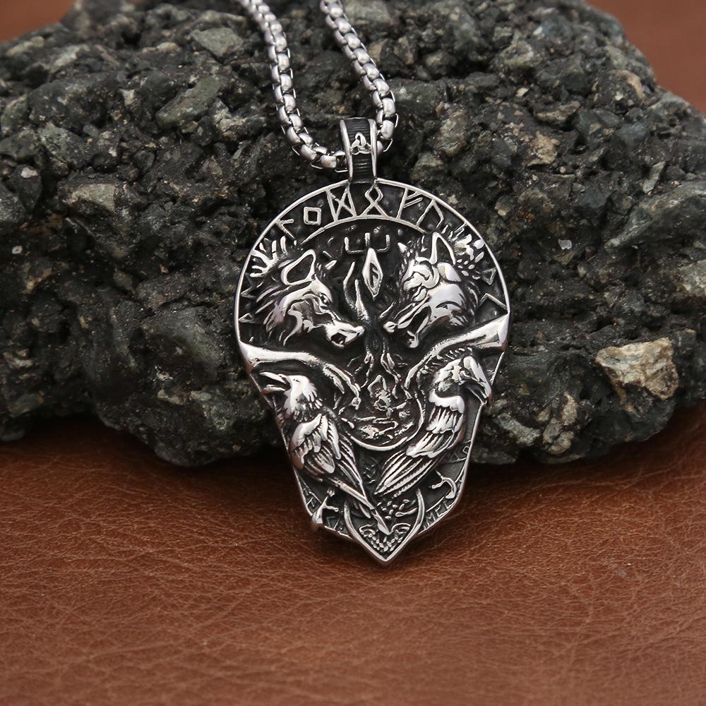 

Stainless Steel Viking Double Wolf Pendant Necklace - Men s & Women s Retro Titanium Rune Ornaments Steel Pendant