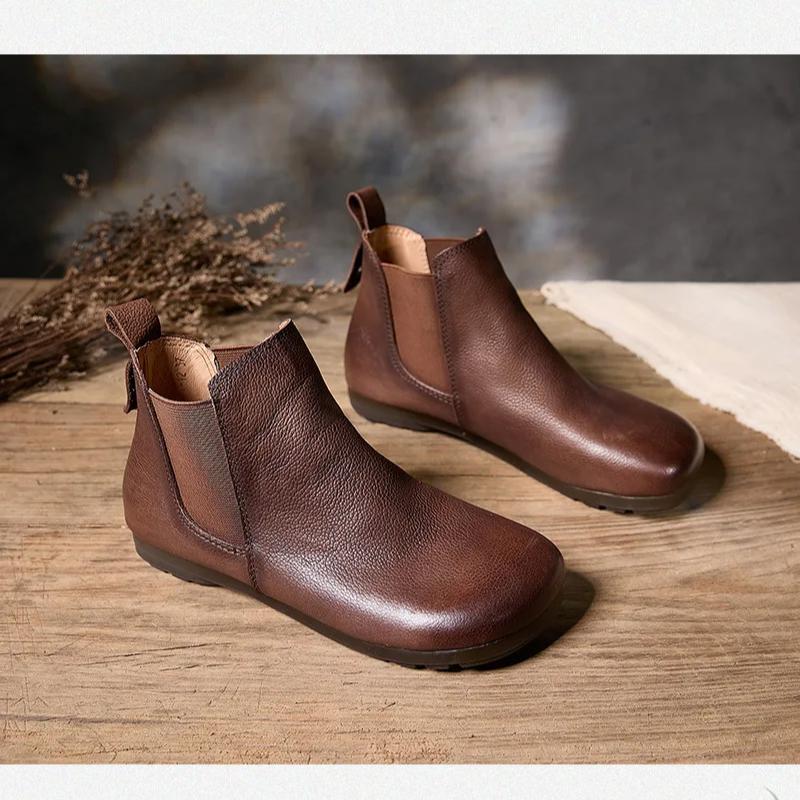 Johnature Solid Color Genuine Leather Flat Ankle Boots Round Toe Soft Soled Slip-on Women's Shoes