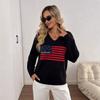 Autumn/Winter V-Neck Knit Sweater for Women - American Flag Jacquard Pattern