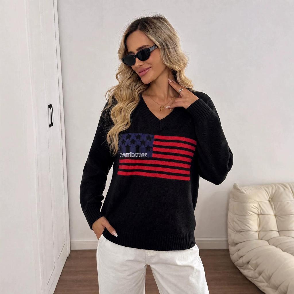 Autumn/Winter V-Neck Knit Sweater for Women - American Flag Jacquard Pattern