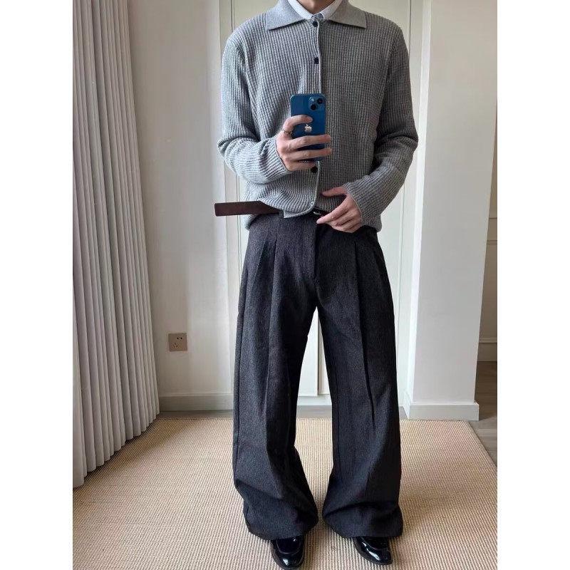 Men's Classic Double-Pleat Wide Leg Trousers - Spring/Autumn Collection with High-End Draping and Curved Loose Fit