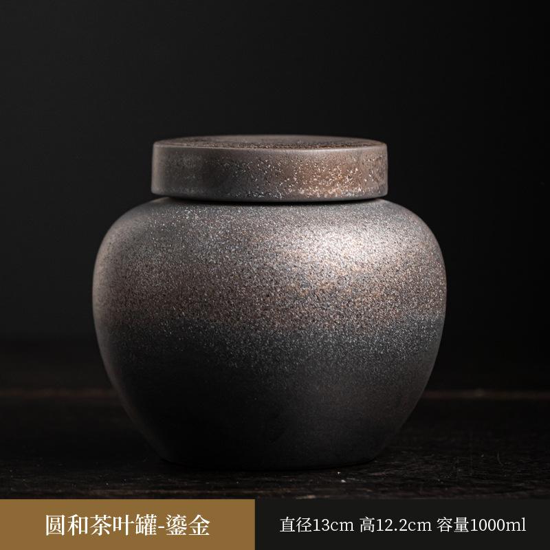 Chinese Vintage Ceramic Tea Caddy Golden Candy Jar Sealed Home Coffee Beans Nut Medicinal Herb Storage Bottle Kitchen Container