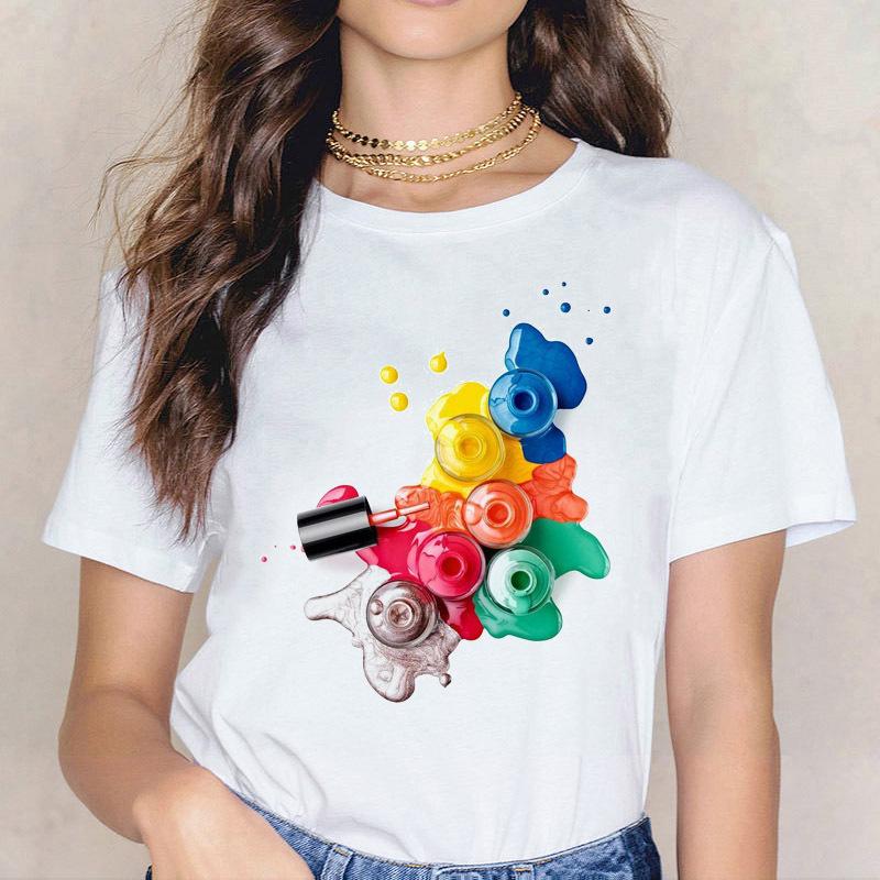 Kpop Fashion Cosmetics 3D Nail Polish Print Tees Women Y2K Tops Summer White Loose Short Sleeve O-Neck Female T-Shirts Blouses