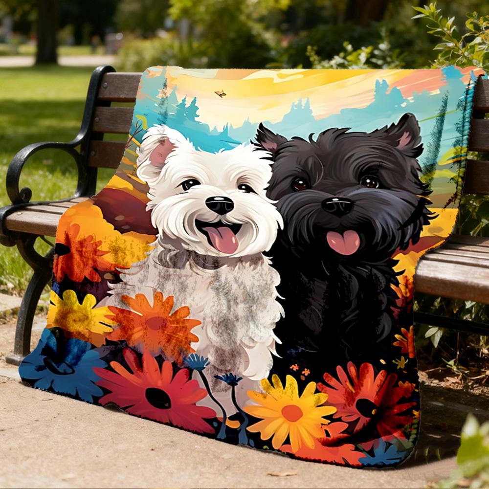 1pc Dog Floral Print Outdoor Soft Polyester Flannel Throw Blanket Versatile for All Seasons , Soft , Cozy , Warm All Season Quilted Throw ,
