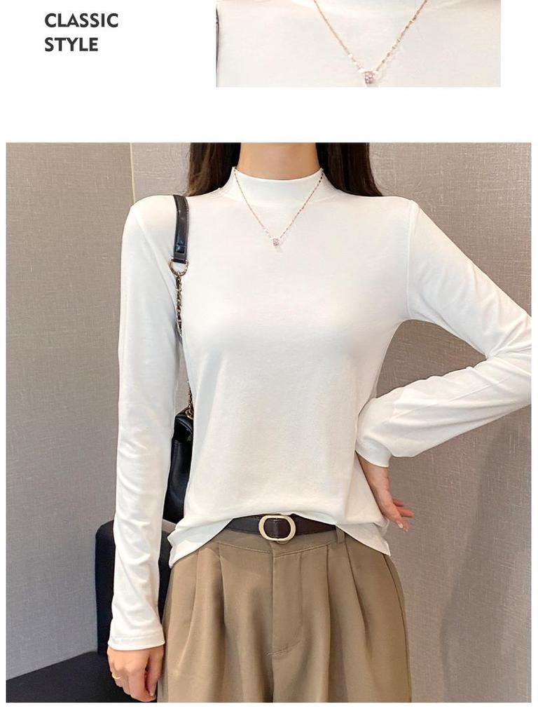 Women's Black Slim-Fit Long Sleeve Mid-Neck Top for Spring/Autumn