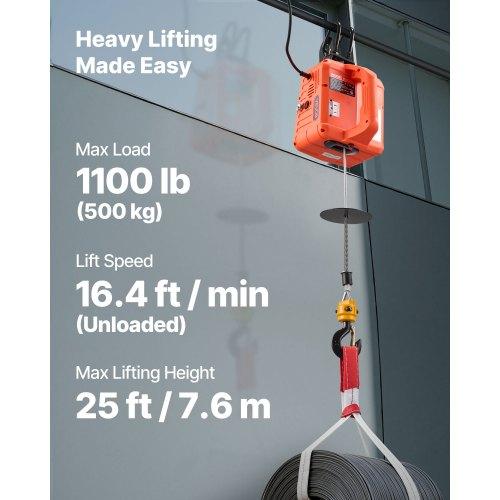 VEVOR 3-in-1 Electric Hoist Winch, 500 kg Capacity, 1500W Portable Electric Power Winch, 7.6 m Lifting Height, 5 m/min with Manual