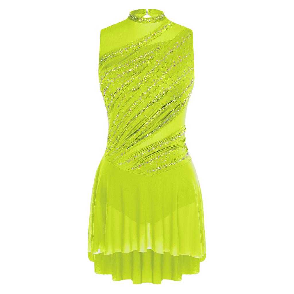 Women Ruched Dance Dress Shiny Rhinestone Sleeveless Lyrical Dancing Outfit