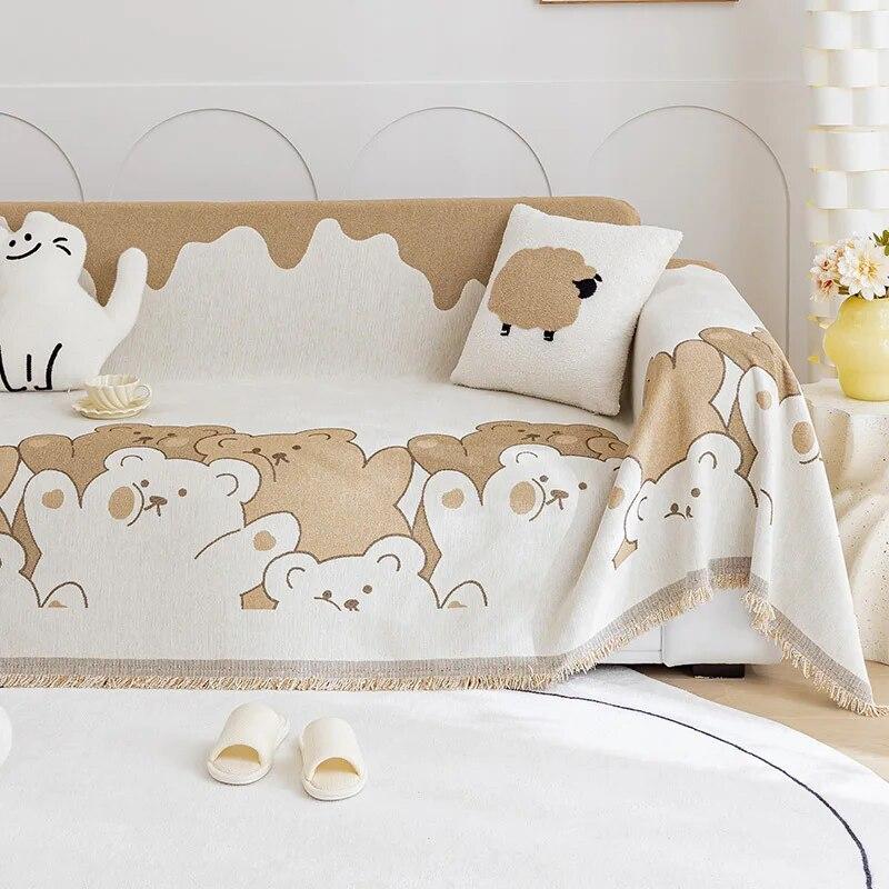 Sofatuch mit Cartoon-Bär, Quaste, All-Inclusive, rutschfeste Abdeckung für Wohnzimmer, universell, bequem, staubdichtes Kissen, maschinenwaschbar