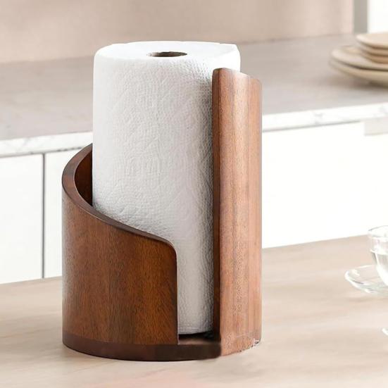 Mountain Paper Towel Holder Countertop with Wood Round Base And Iron Holder One-Hand Tearing Wood Paper Towel Holder for Kitchen Dining Room