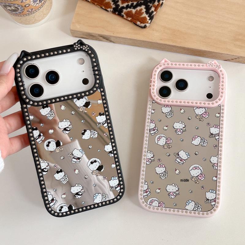 Ins Cute Double-Sided Rhinestone Full Screen KT Makeup Mirror for iPhone 17 Pro Max/16/15 Pro Max Cases.