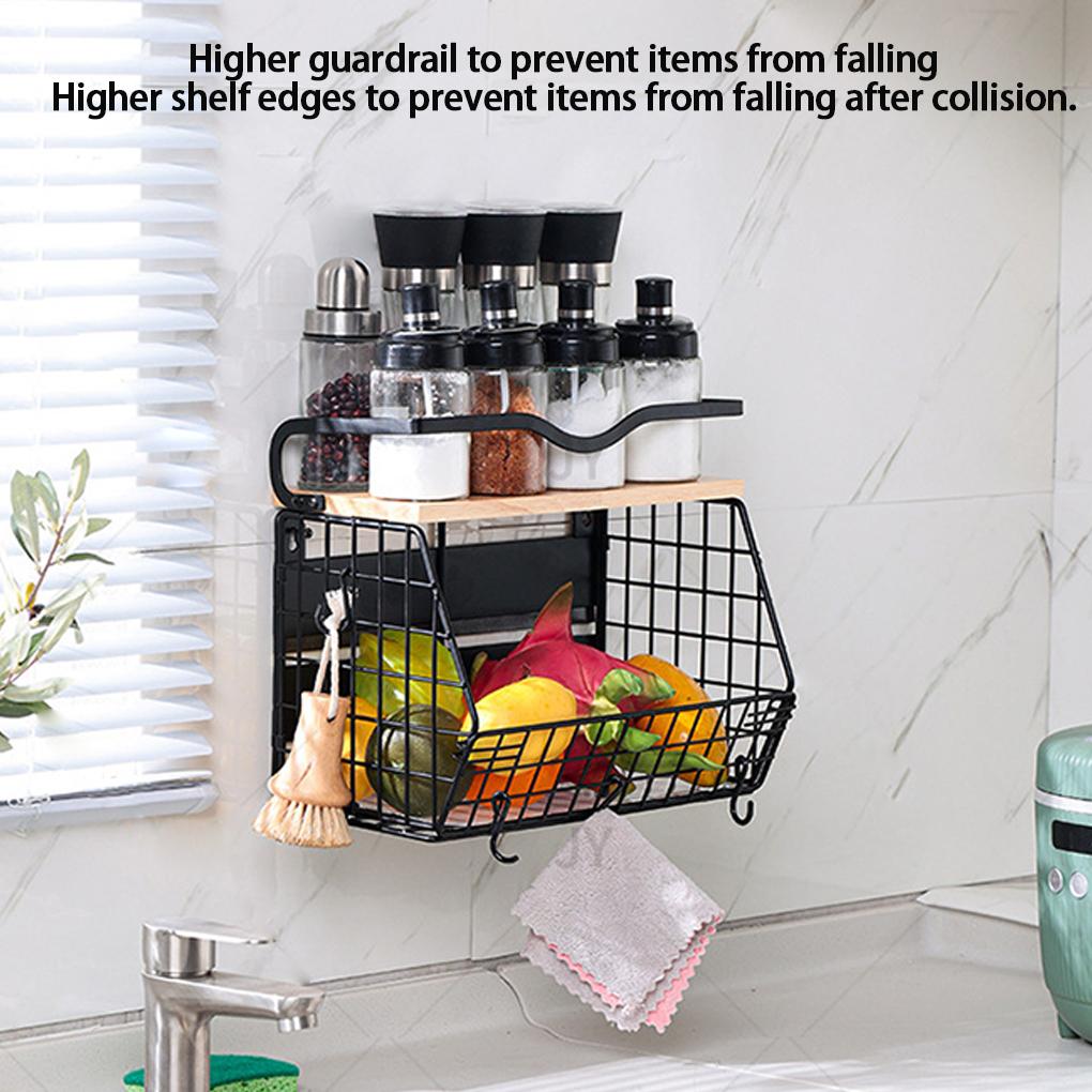 Iron Basket With Hooks For Kitchen Organization Heavy Duty Wall Basket With Wood Lid Kitchen Storage