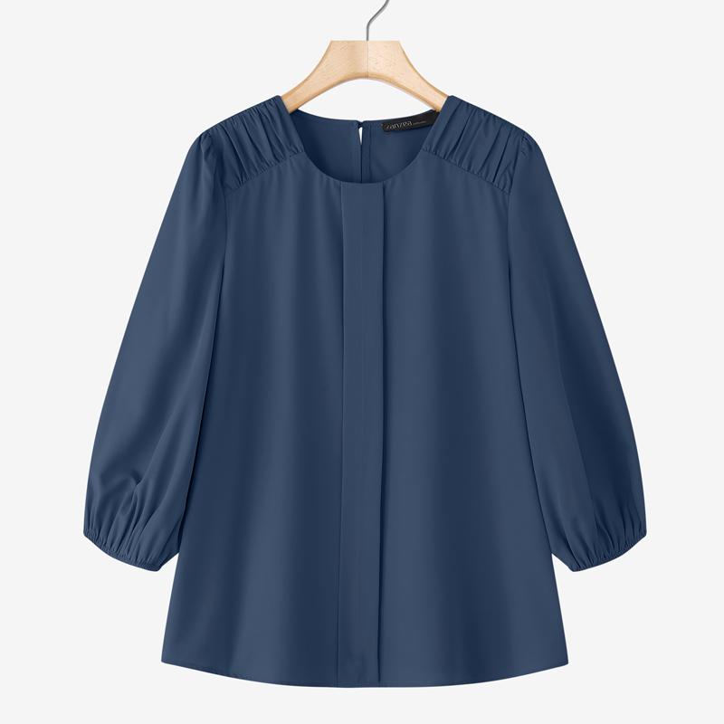 

ZANZEA Женская повседневная однотонная блузка с круглым вырезом и длинным рукавом 5XL