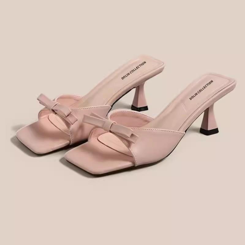Temperament socialite stiletto cat heel high heels women's summer 2025 new white French square head wearing cool slippers women