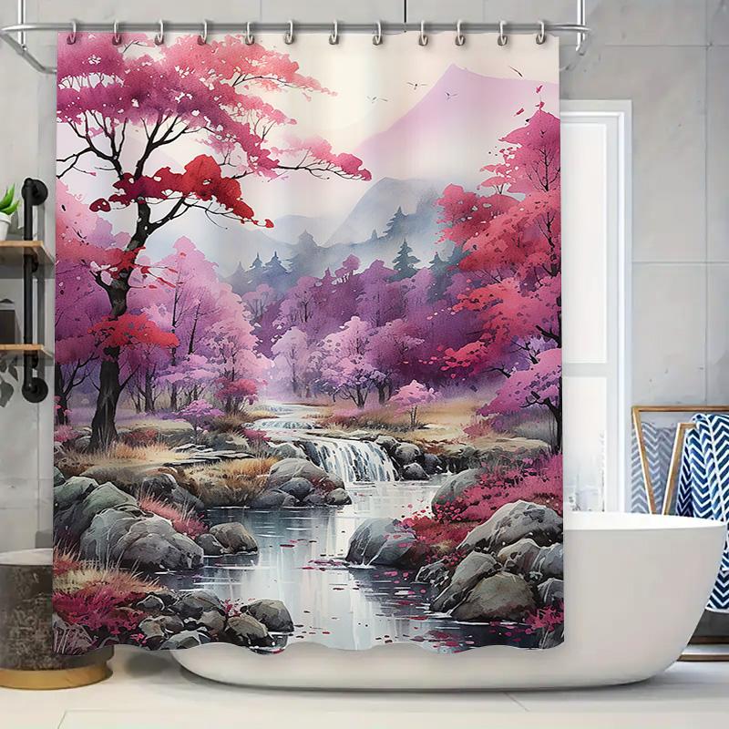 

Watercolor Forest Shower Curtain Pink Purple Tree Floral Decor for Bathroom 90x180cm