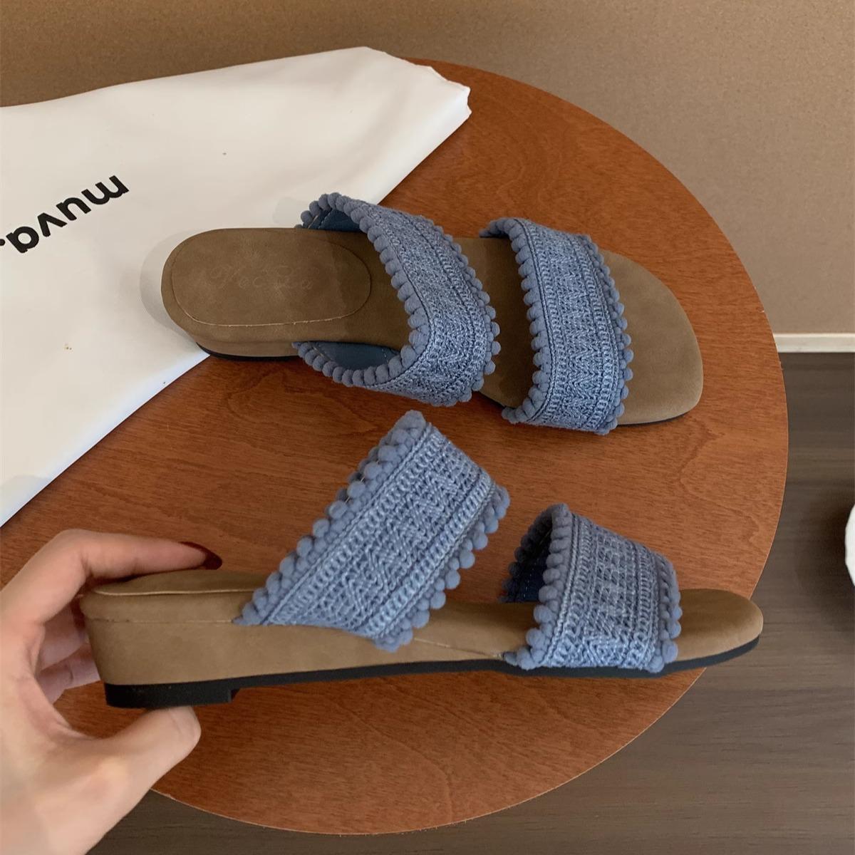 

Bohemian open-toed slippers for women s summer wear 2025 new woven slope heel thick-bottomed beach cool slippers 35 синий