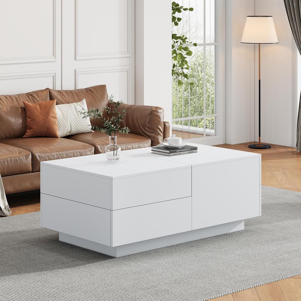 Coffee Table, Modern Extendable, Creative Sofa Table Coffee Table 4 Drawers Hidden Storage Compartment, Center Table Living Room Office, White