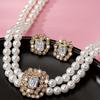 Luxury Atmospheric Elegance Double Row Imitation Pearl Square Diamond Necklace Stud Earrings Set