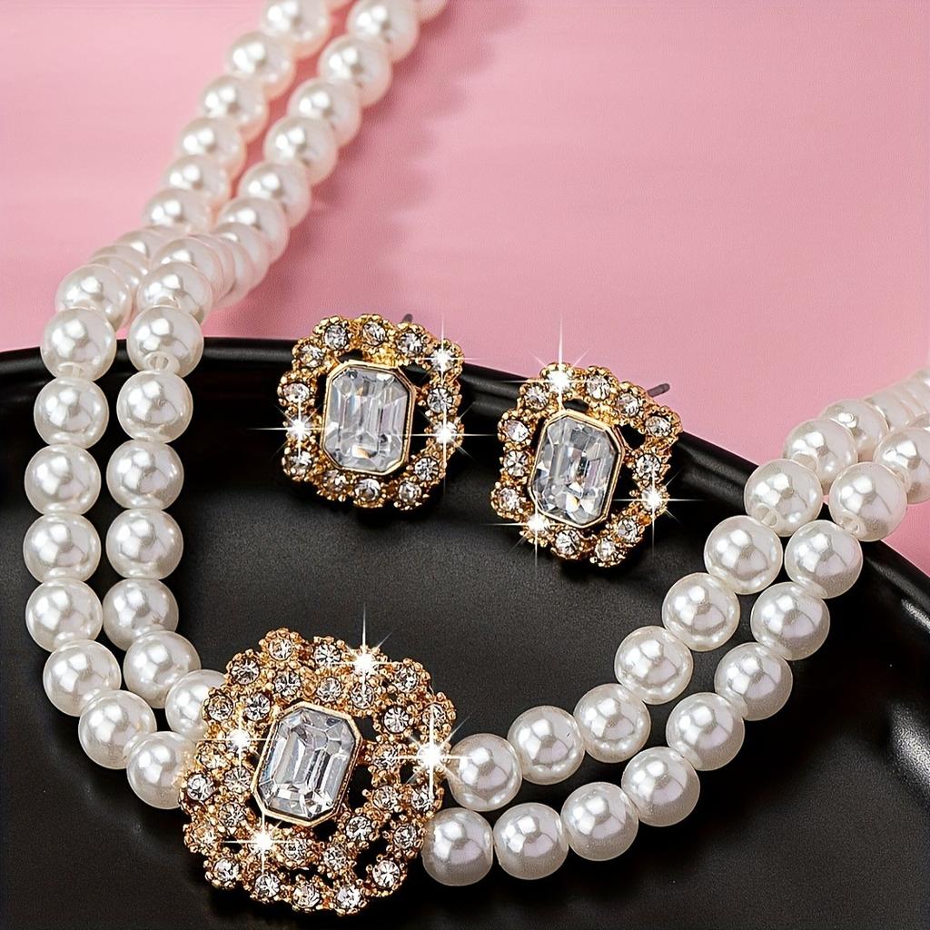 Luxury Atmospheric Elegance Double Row Imitation Pearl Square Diamond Necklace Stud Earrings Set
