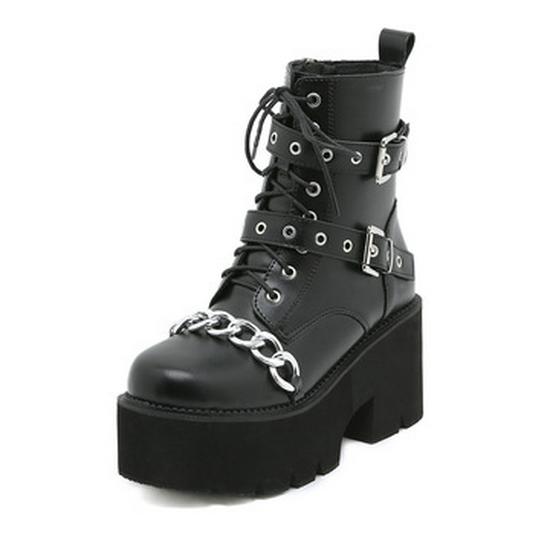 Wasserdichte Plateau-Martinsstiefel für Damen mit klobigem Absatz und dicken Sohlen, High Heels, Schnürung, Metallketten und Übergrößen erhältlich.