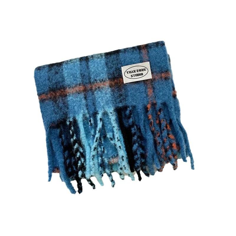 New Icelandic Blue Plaid Scarf Women's Winter Mohair High-end Sense White Warm Shawl Student Thickened Scarf
