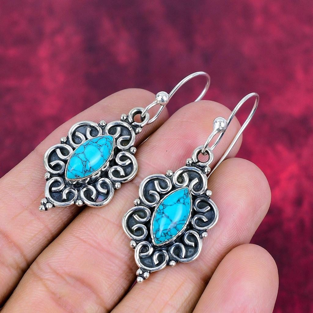 Ręcznie robione kolczyki z kamieniami szlachetnymi z turkusu arizonańskiego, kolczyki z litego srebra próby 925, antyczna biżuteria, na prezent zaręczynowy