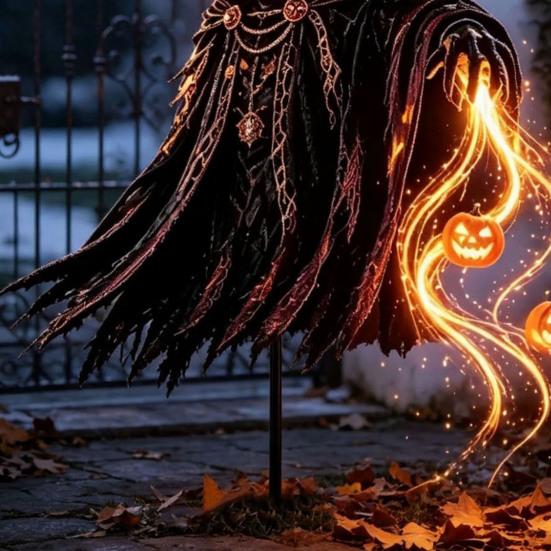 Festive Landscape Ornaments Solar Halloween Pumpkin Garden Light, Outdoor Yard Stake Decoration with Holiday Path Lighting Flowing LED Effect for Lawn
