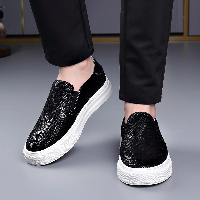 FashionSummer Breathable Board Shoes for Men Fashion Causal Black Cow Suede Loafers Male Black Leather Men's Platform Shoe