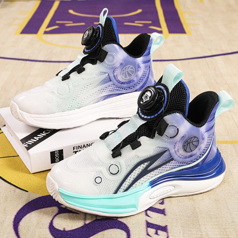 Breathable boys' basketball shoes 2025 spring and summer new classmates rotating button children's sneakers non-slip girls' sneakers